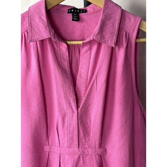 Tribal Dress Sleeveless Sundress Pocket Collar Slits Knee Length Pink Small Boho - Picture 2 of 5